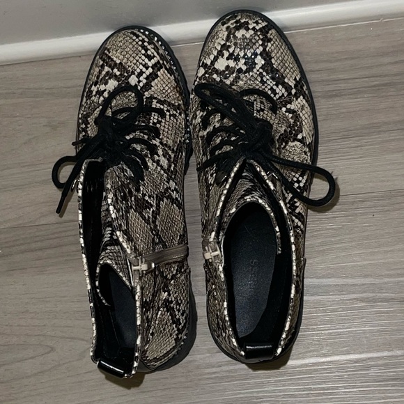 Express snakeskin combat booties. Rhinestone embellishing around sole. - Picture 8 of 10